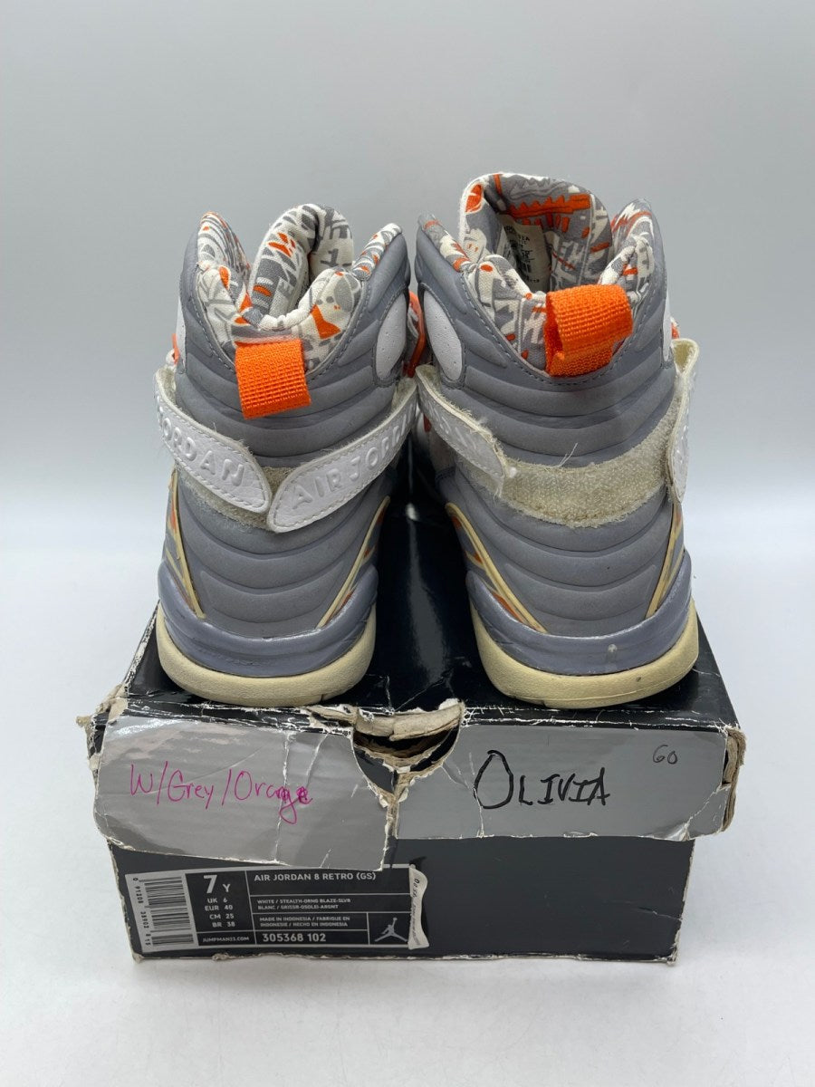 Jordan 8 Retro Orange White (GS) 7Y (Moderately Worn Pre-Owned)JordanWhite/Stealth/Orange Blaze/Silver - Image 3