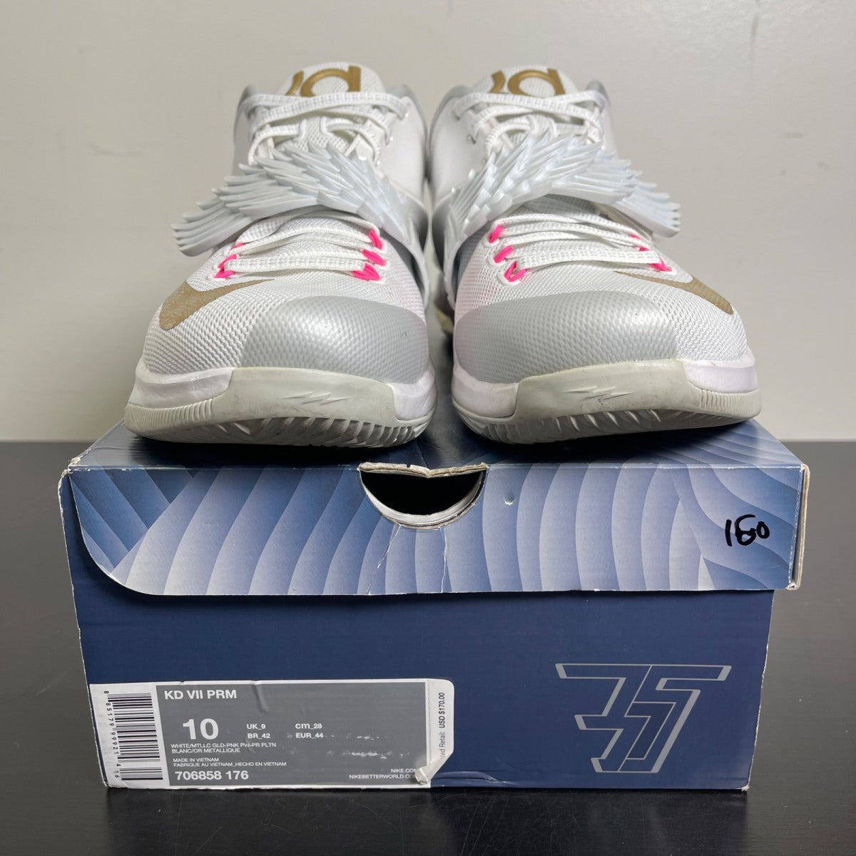 Nike KD 7 Aunt Pearl 10 (Moderately Worn Pre-Owned)NikeWhite/Metallic Gold-Pink Pow-Pure Platinum - Image 2