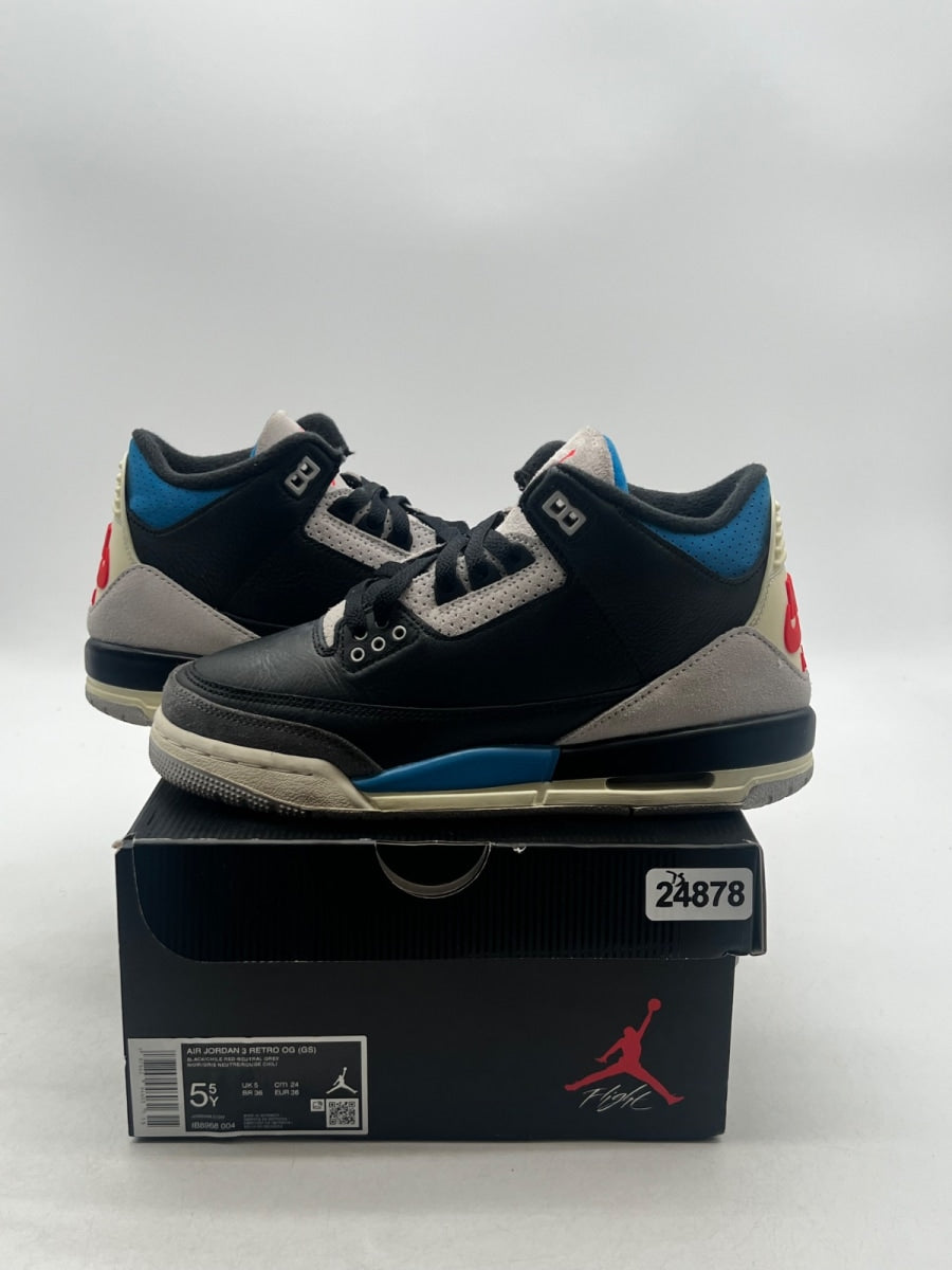 Jordan 3 Retro OG Rare Air (GS) 5.5Y (Lightly Worn Pre-Owned)JordanBlack/Chile Red/Neutral Grey/Military Blue/Coconut Milk - Image 1