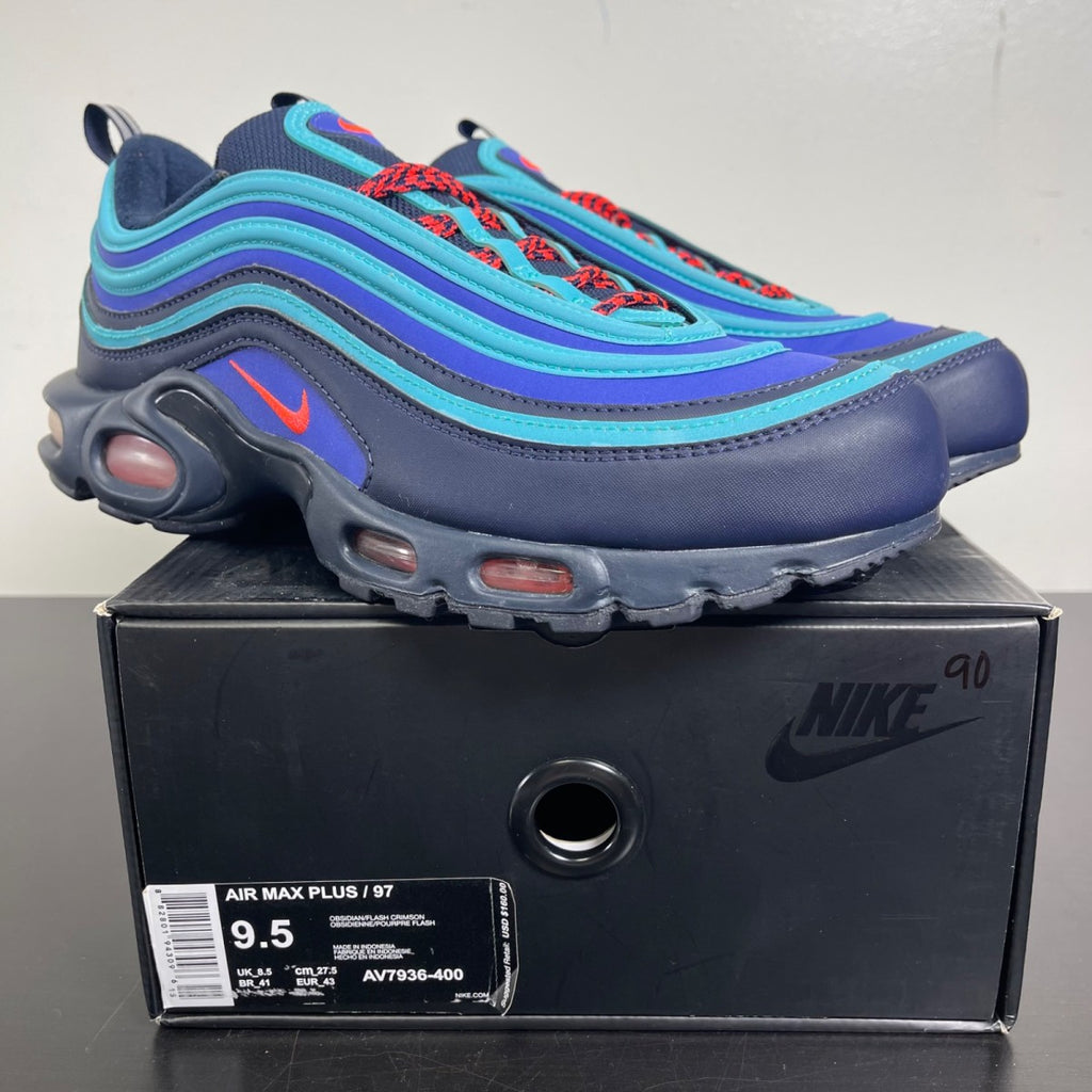 Nike Air Max Plus 97 Discover Your Air 9.5 (Moderately Worn Pre-Owned)NikeObsidian/Flash Crimson-Rush Violet - Image 1