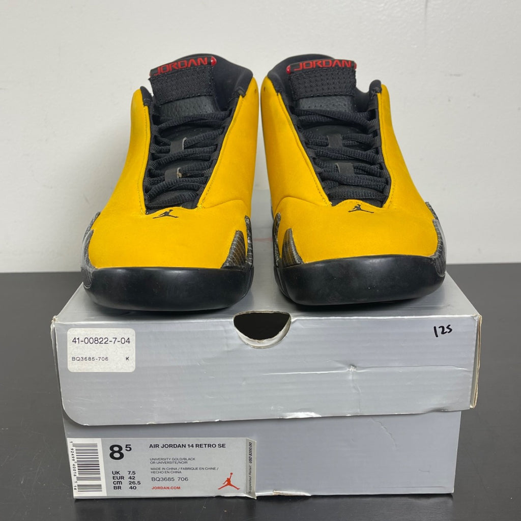 Jordan 14 Retro University Gold 8.5 (Moderately Worn Pre-Owned)JordanUniversity Gold/Black-University Red-Metallic Silver - Image 2