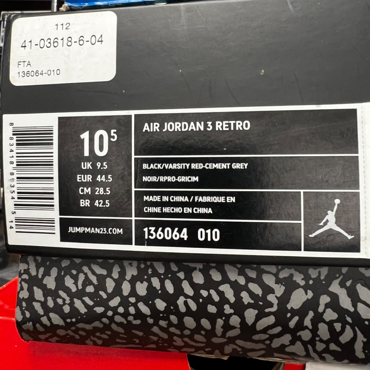 Jordan 3 Retro Black Cement (2011) 10.5 (Heavily Worn Pre-Owned)JordanBlack/Cement Grey-White-Varsity Red - Image 7