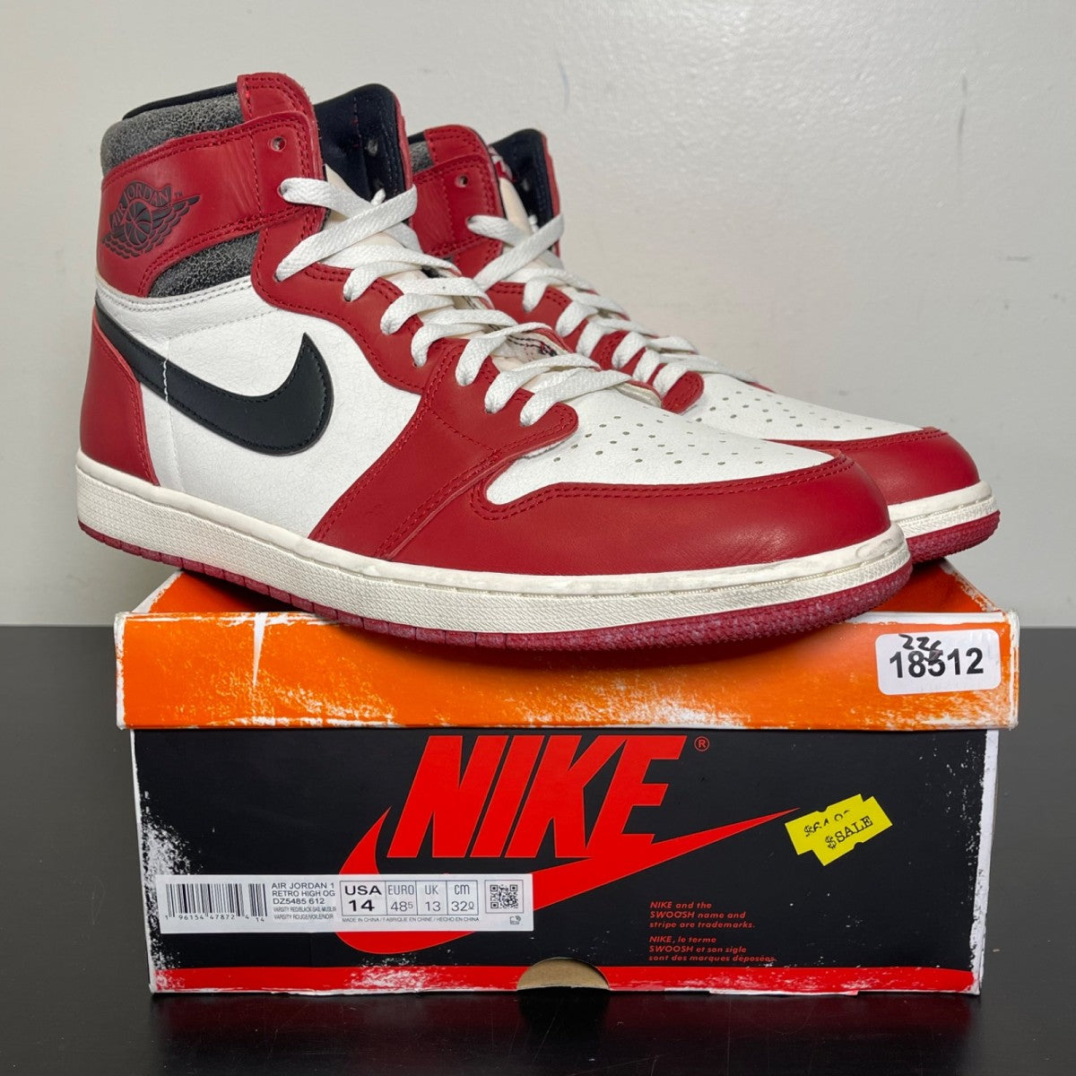 Jordan 1 Retro High OG Chicago Lost and Found 14 (Moderately Worn Pre-Owned)JordanVarsity Red/Black-Sail-Muslin - Image 1