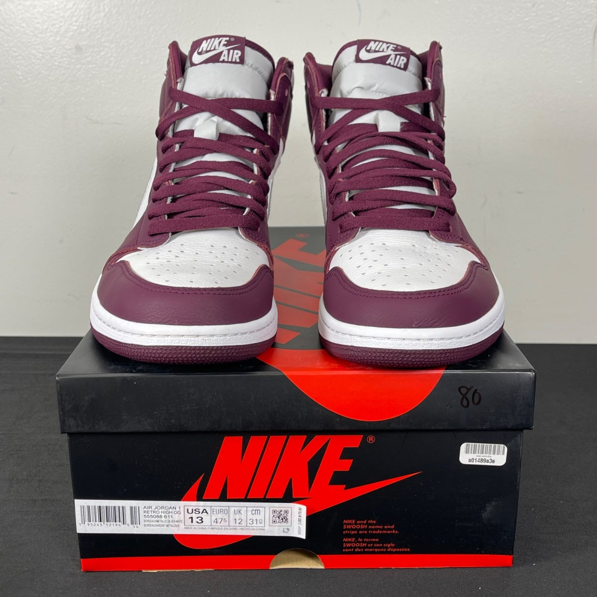 Jordan 1 Retro High OG Bordeaux 13 (Moderately Worn Pre-Owned)JordanBordeaux/White-Metallic Silver - Image 2