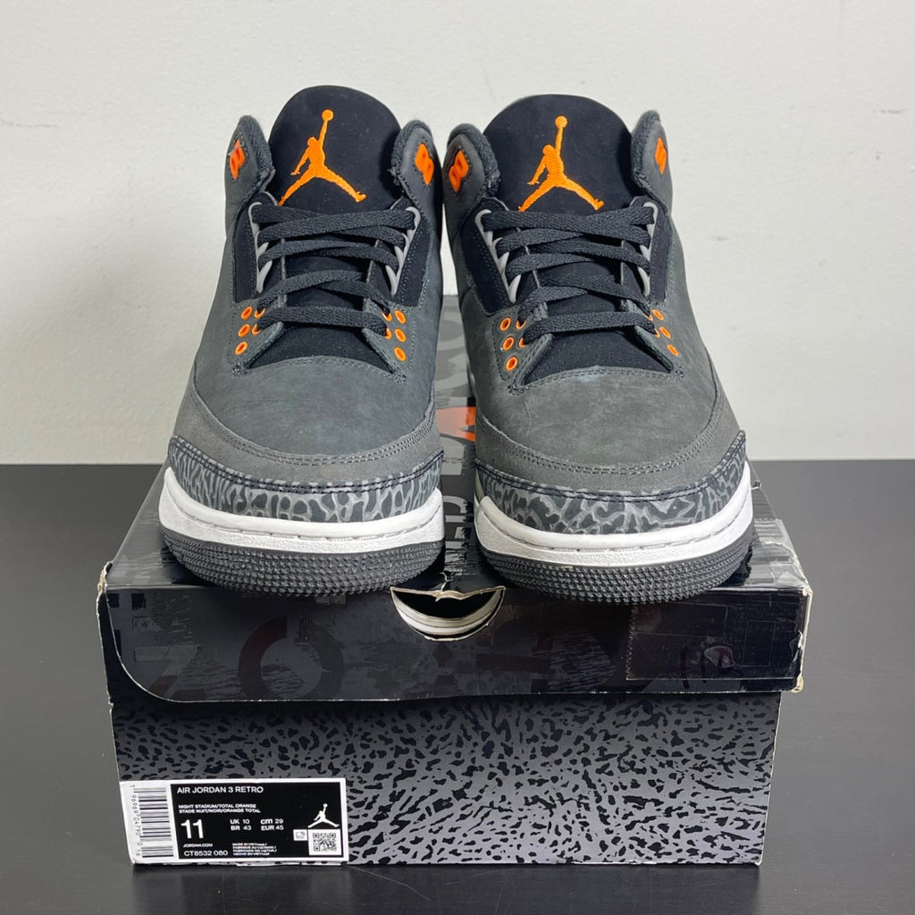 Jordan 3 Retro Fear Pack (2023) 11 (Moderately Worn Pre-Owned)JordanNight Stadium/Total Orange-Black-Flat Pewter-Neutral Grey - Image 2