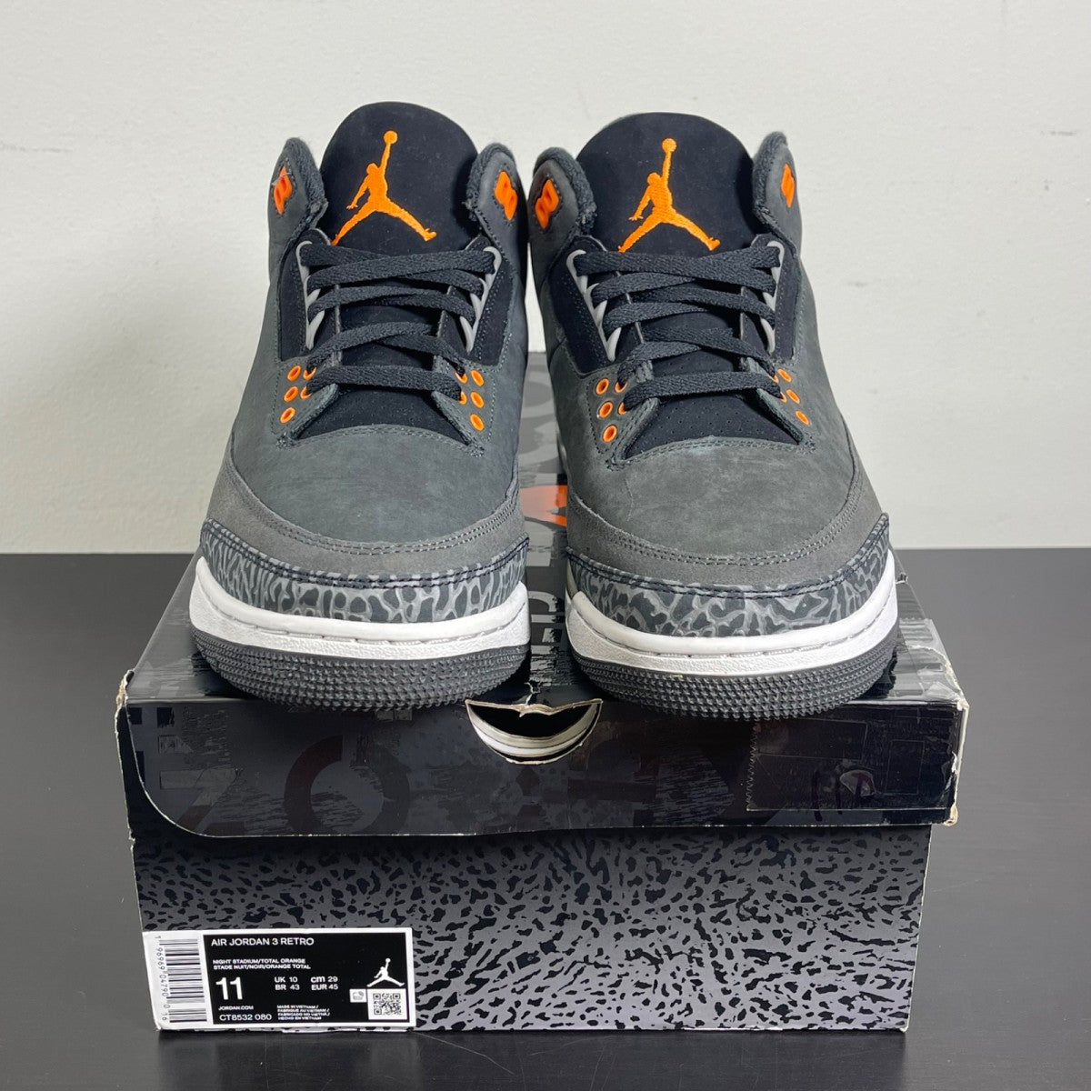 Jordan 3 Retro Fear Pack (2023) 11 (Moderately Worn Pre-Owned)JordanNight Stadium/Total Orange-Black-Flat Pewter-Neutral Grey - Image 2
