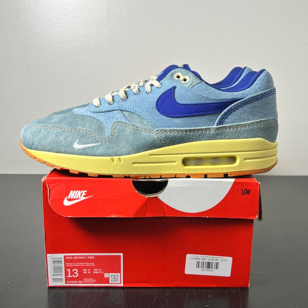 Nike Air Max 1 PRM Dirty Denim 13 (Lightly Worn Pre-Owned)NikeMineral Slate/Deep Royal Blue-Lemon Wash - Image 3