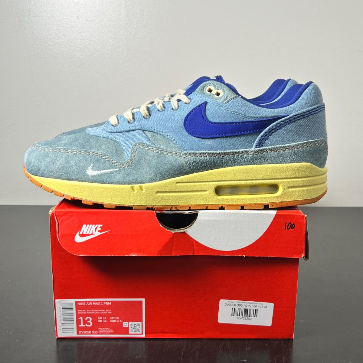 Nike Air Max 1 PRM Dirty Denim 13 (Lightly Worn Pre-Owned)NikeMineral Slate/Deep Royal Blue-Lemon Wash - Image 3