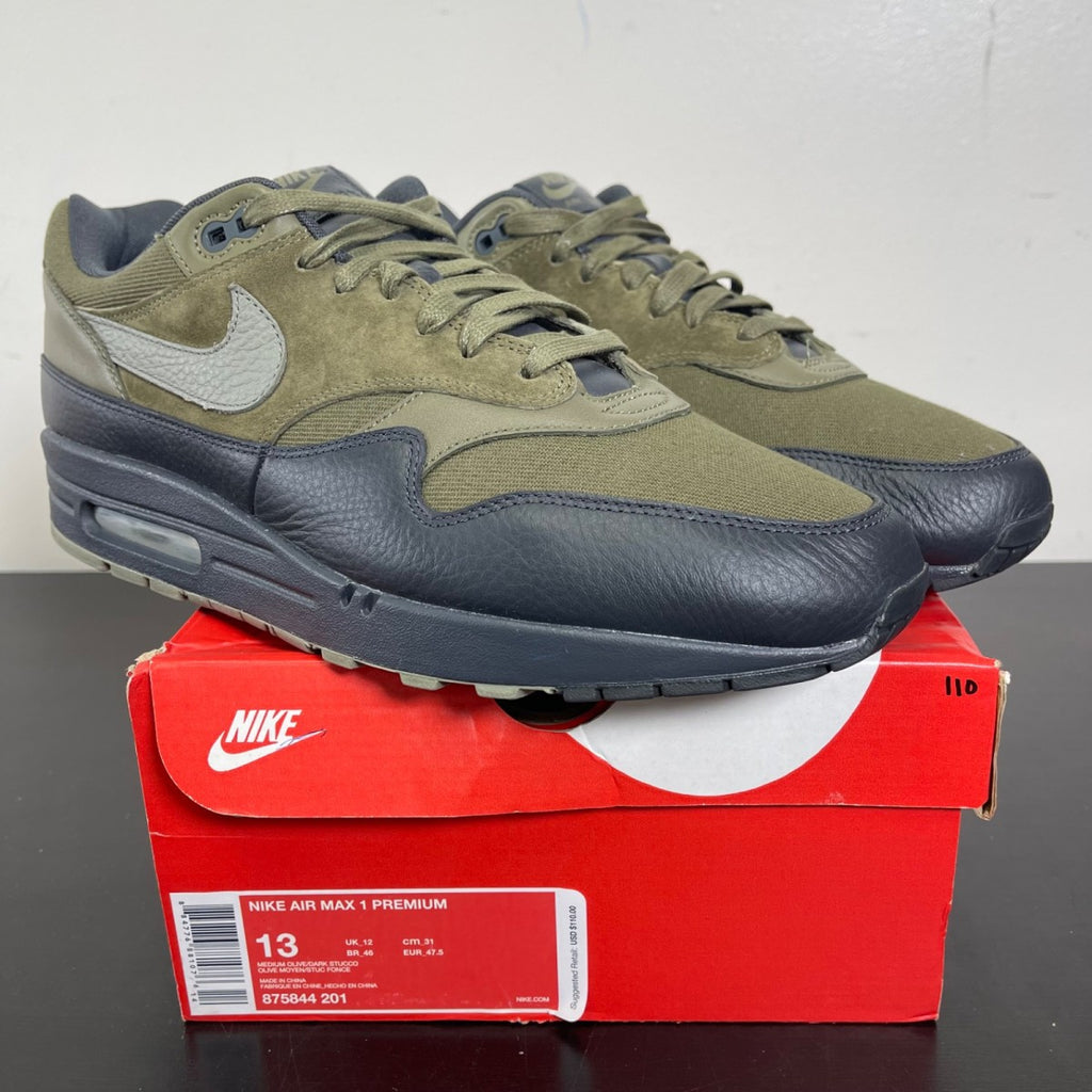Nike Air Max 1 Premium Dark Stucco 13 (Moderately Worn Pre-Owned)NikeMedium Olive/Dark Stucco-Anthracite - Image 1