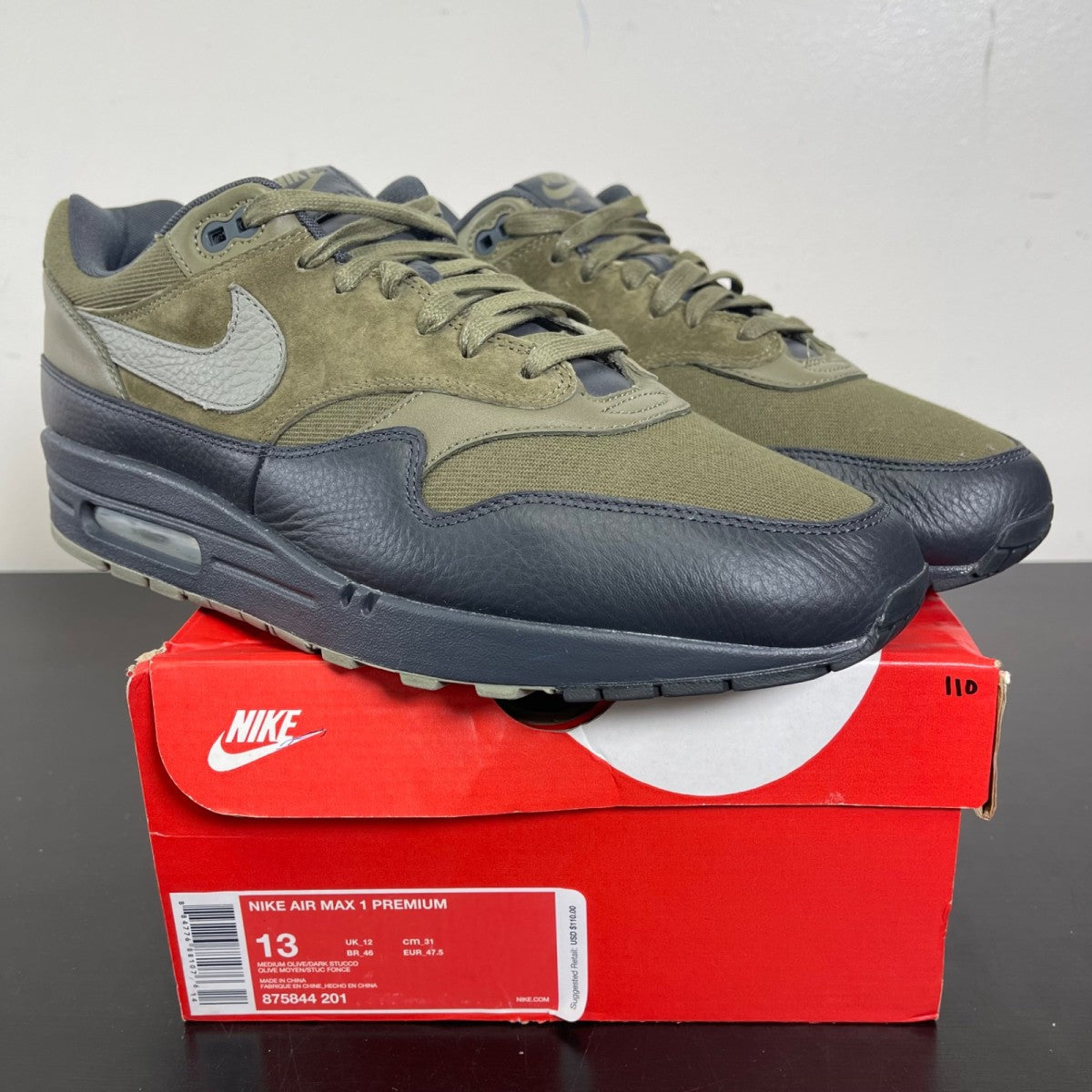 Nike Air Max 1 Premium Dark Stucco 13 (Moderately Worn Pre-Owned)NikeMedium Olive/Dark Stucco-Anthracite - Image 1