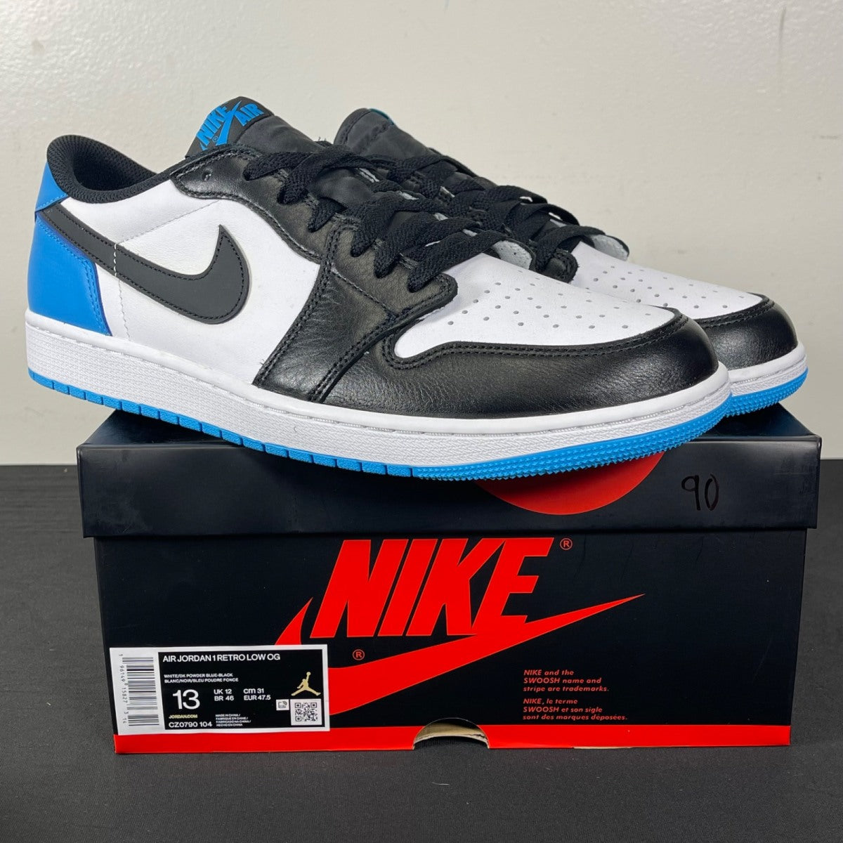 Jordan 1 Retro Low OG Black Dark Powder Blue 13 (Moderately Worn Pre-Owned)JordanWhite/Dark Powder Blue/Black - Image 1