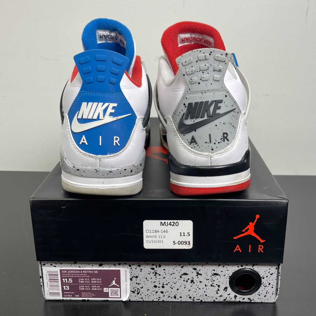 Jordan 4 Retro What The 11.5 (Moderately Worn Pre-Owned)JordanWhite/Military Blue-Fire Red-Black-Cement Grey - Image 4