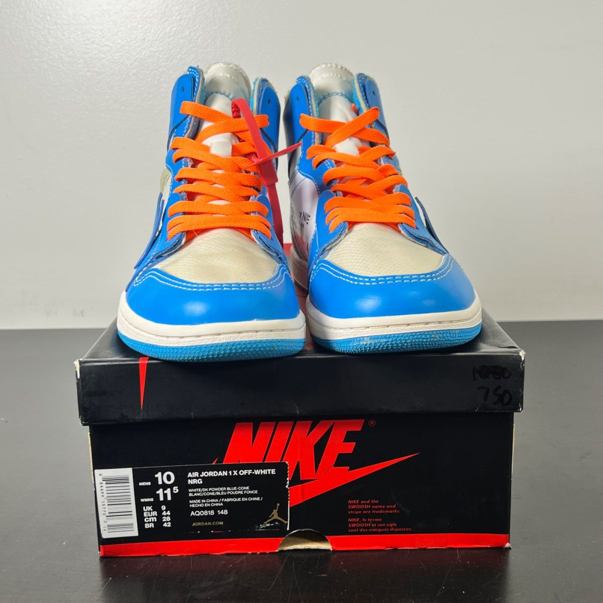 Jordan 1 Retro High Off-White University Blue 10 (Lightly Worn Pre-Owned)JordanWhite/Dark Powder Blue-Cone - Image 2