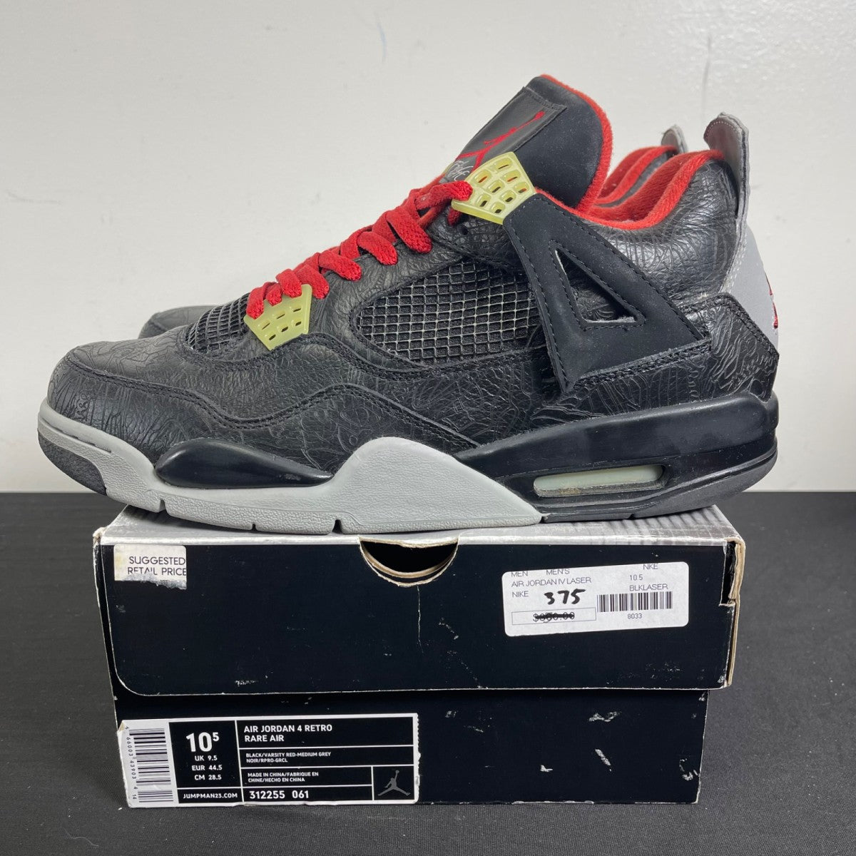 Jordan 4 Retro Black Laser 10.5 (Moderately Worn Pre-Owned)JordanBlack/Varsity Red-Medium Grey Laser - Image 3