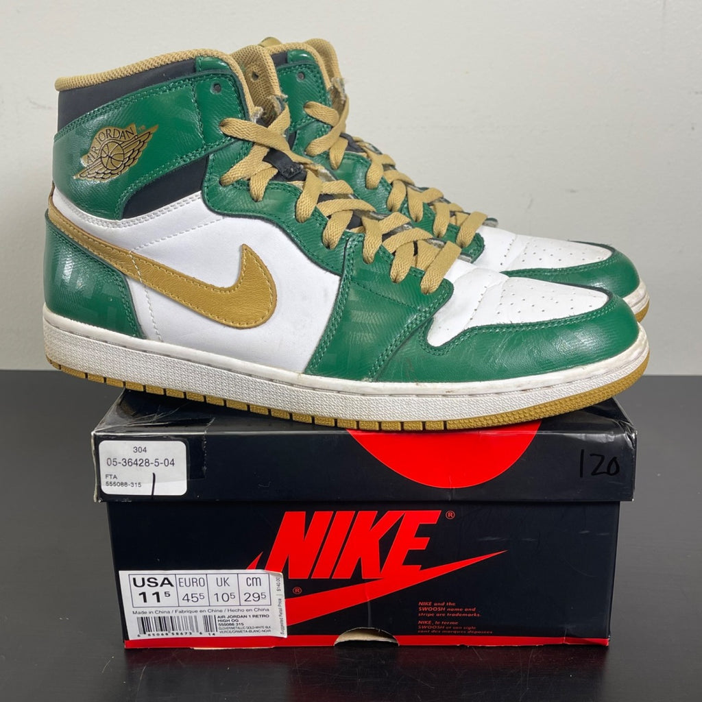 Jordan 1 OG Celtics 11.5 (Moderately Worn Pre-Owned)JordanClover/Metallic Gold/White/Black - Image 1