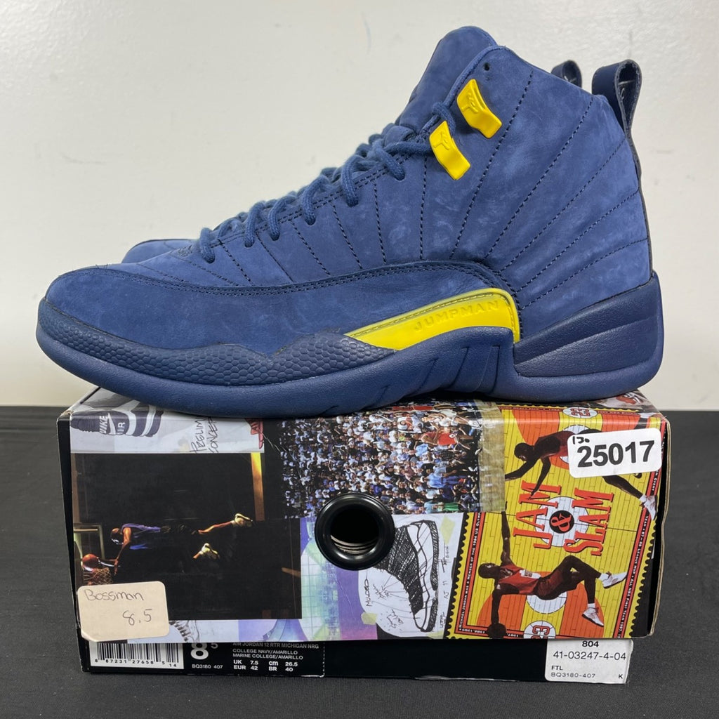 Jordan 12 Retro Michigan 8.5 (Moderately Worn Pre-Owned)JordanCollege Navy/Amarillo - Image 3