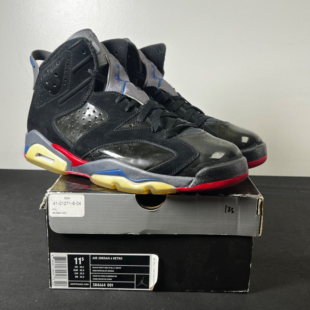 Jordan 6 Retro Pistons 11.5 (Heavily Worn Pre-Owned)JordanBlack/Varsity Red-True Blue-Light Graphite - Image 1