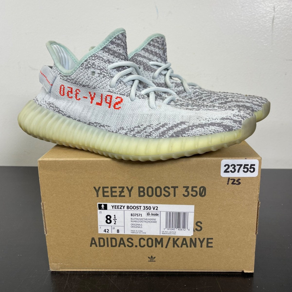 adidas Yeezy Boost 350 V2 Blue Tint 8.5 (Moderately Worn Pre-Owned)adidasBlue Tint/Grey Three/High Risk Red - Image 1