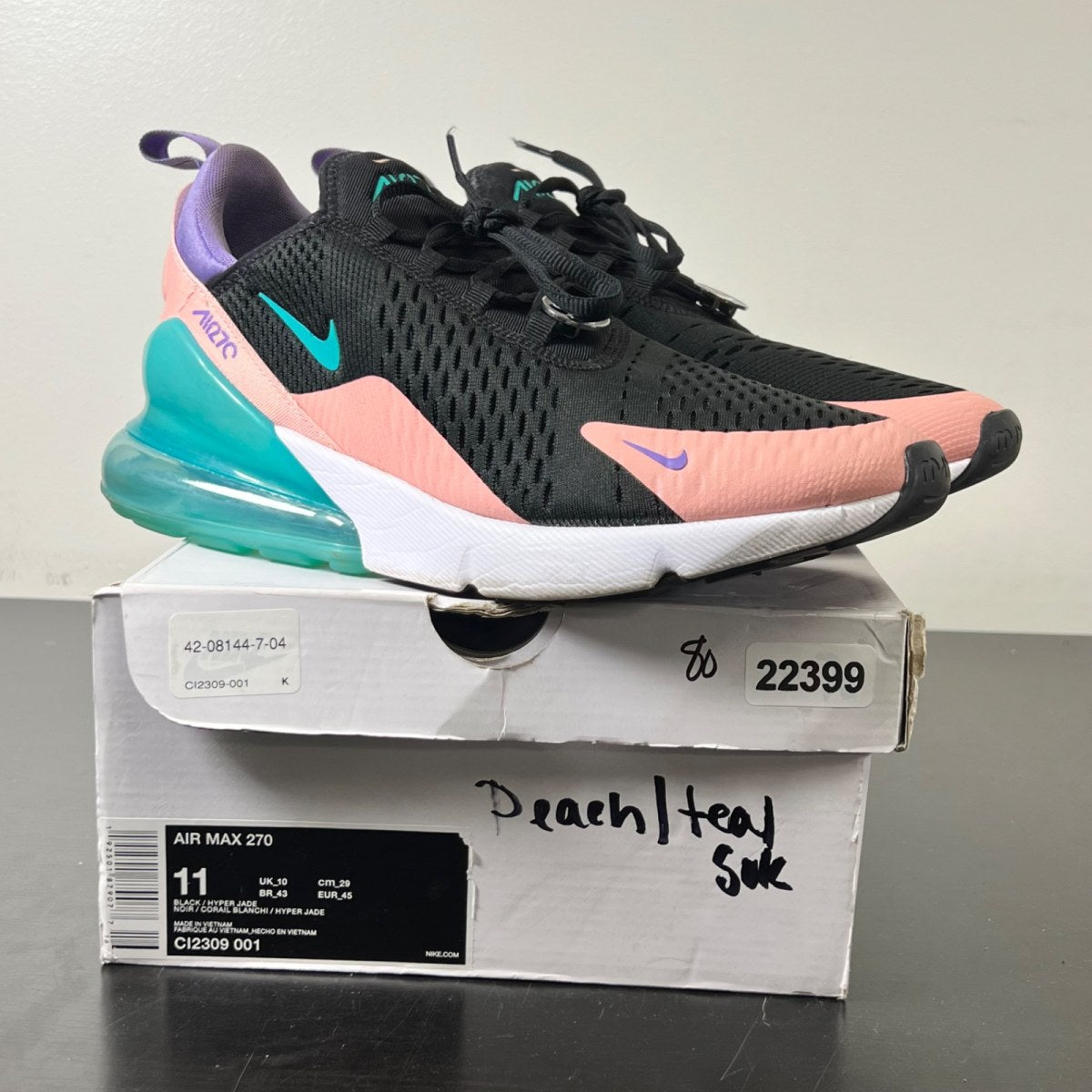 Nike Air Max 270 Have a Nike Day 11 (Moderately Worn Pre-Owned)NikeBlack/Hyper Jade-Bleached Coral-Space Purple - Image 1