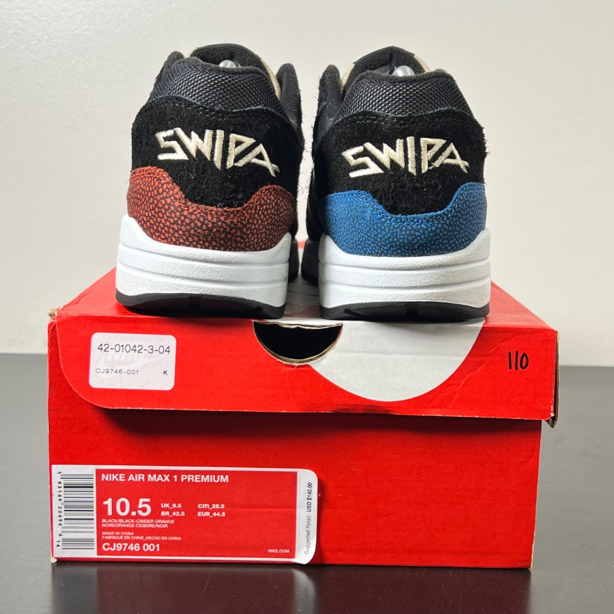 Nike Air Max 1 Swipa 10.5 (Lightly Worn Pre-Owned)NikeBlack/Black-Cinder Orange-Photo Blue-Moon Particle-Desert Ore - Image 4