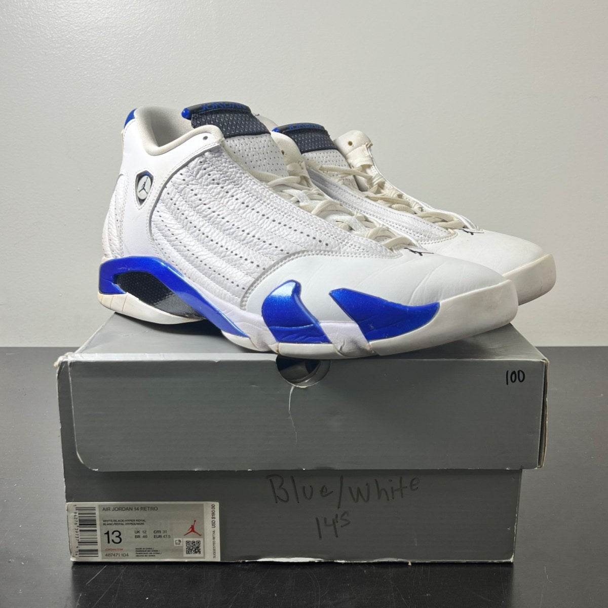 Jordan 14 Retro White Hyper Royal 13 (Moderately Worn Pre-Owned)JordanWhite/Black-Hyper Royal - Image 1