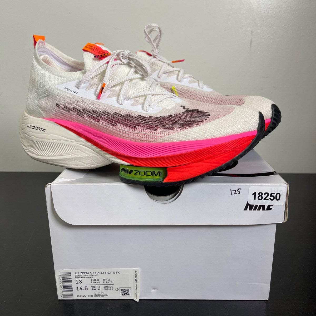 Nike Air Zoom Alphafly Next% Flyknit White Pink 13 (Moderately Worn Pre-Owned)NikeWhite/Black/Black/Black - Image 1