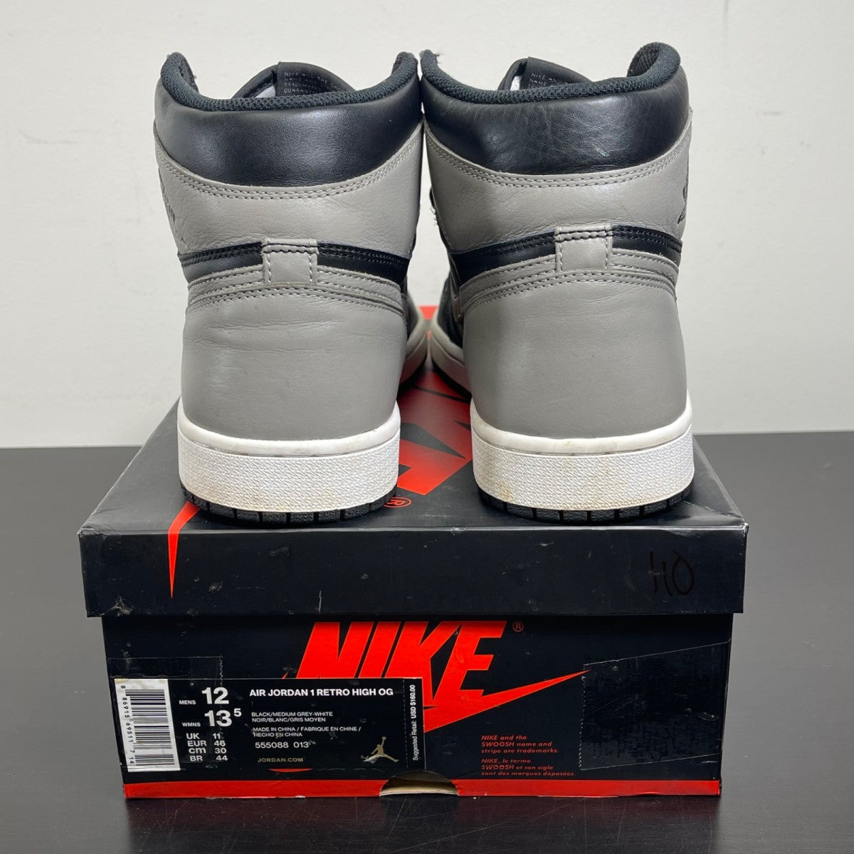 Jordan 1 Retro High Shadow (2018) 12 (Moderately Worn Pre-Owned)JordanBlack/Medium Grey-White - Image 4