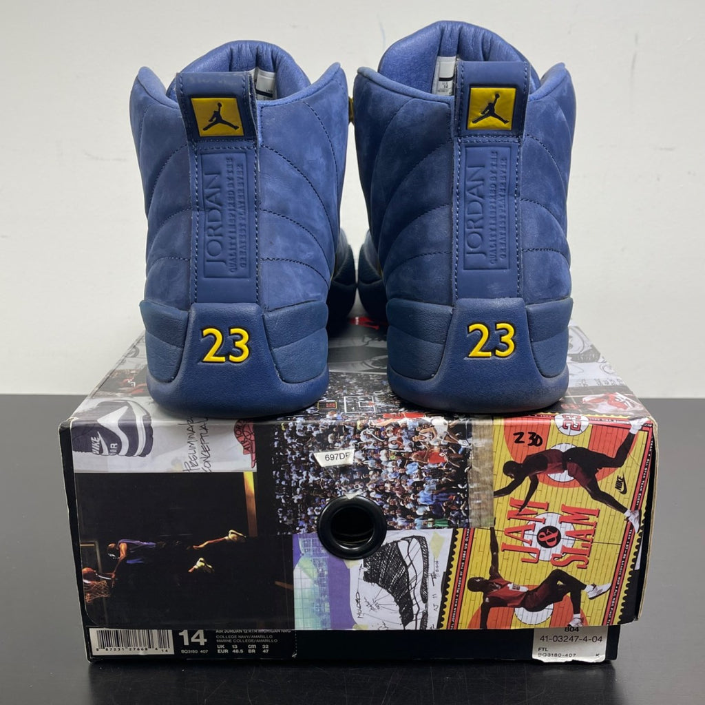Jordan 12 Retro Michigan 14 (Moderately Worn Pre-Owned)JordanCollege Navy/Amarillo - Image 4