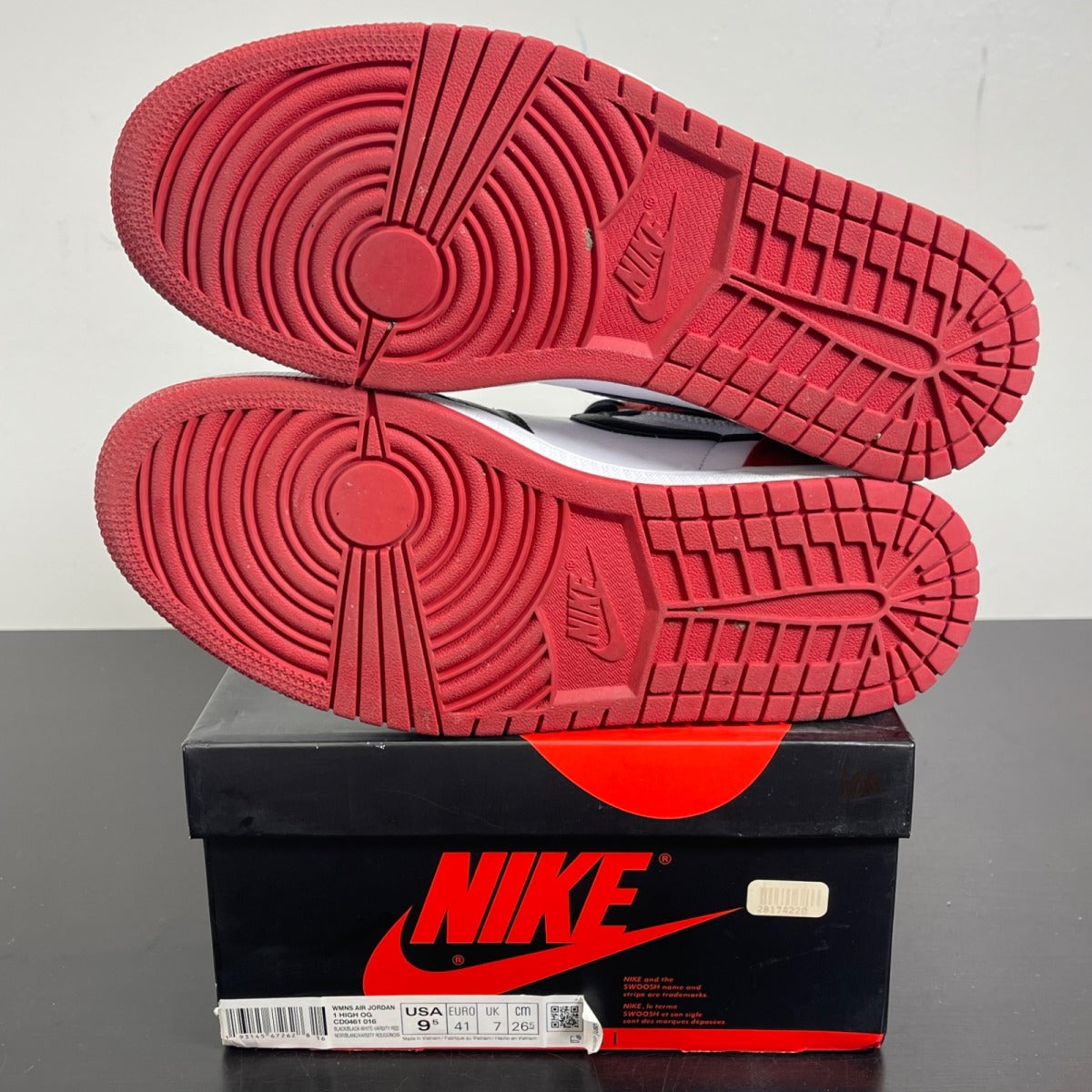 Jordan 1 Retro High Satin Black Toe (Women's) 9.5W (Moderately Worn Pre-Owned)JordanBlack/White-University Red - Image 5