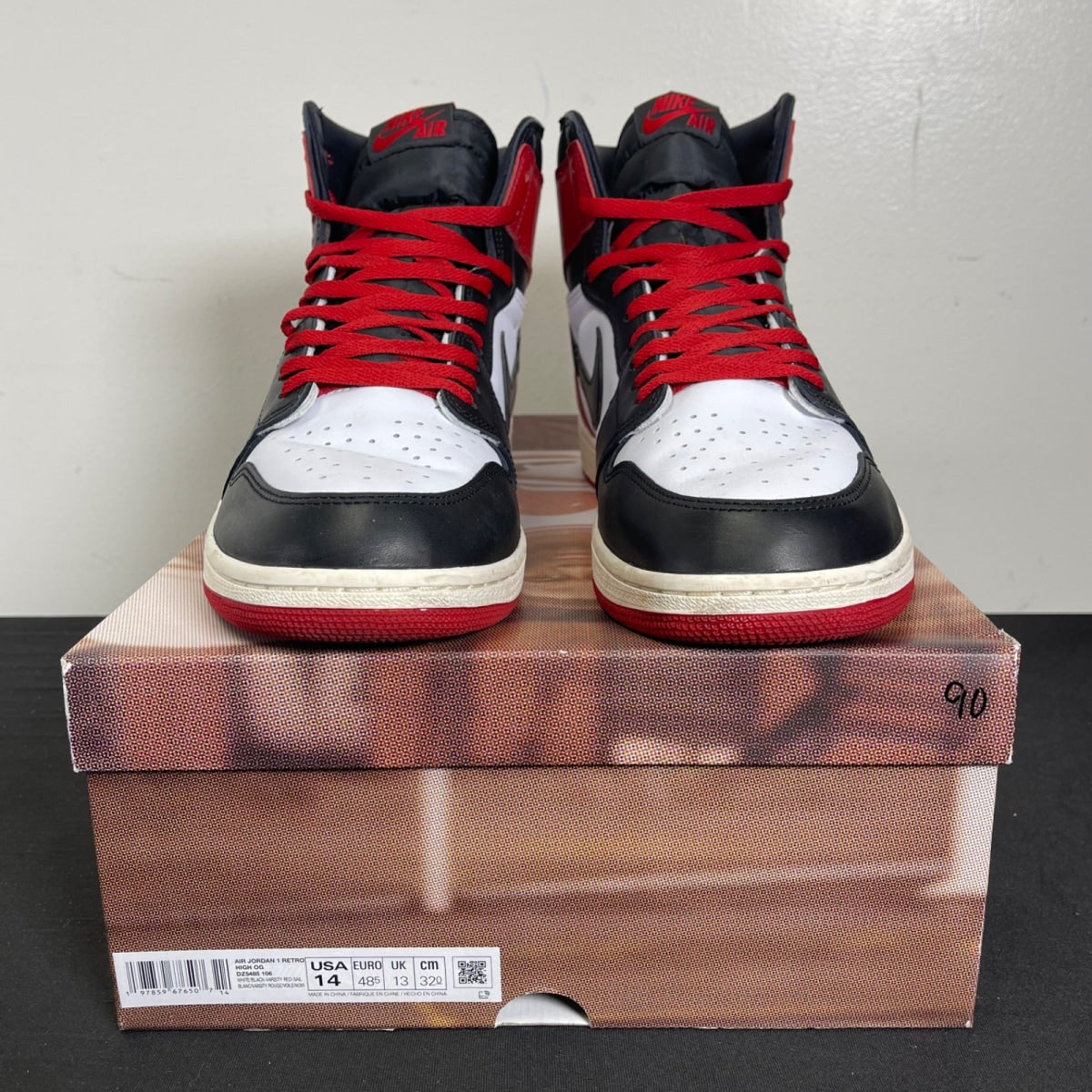 Jordan 1 Retro High OG Black Toe Reimagined 14 (Moderately Worn Pre-Owned)JordanBlack/Black/Varsity Red/White - Image 2