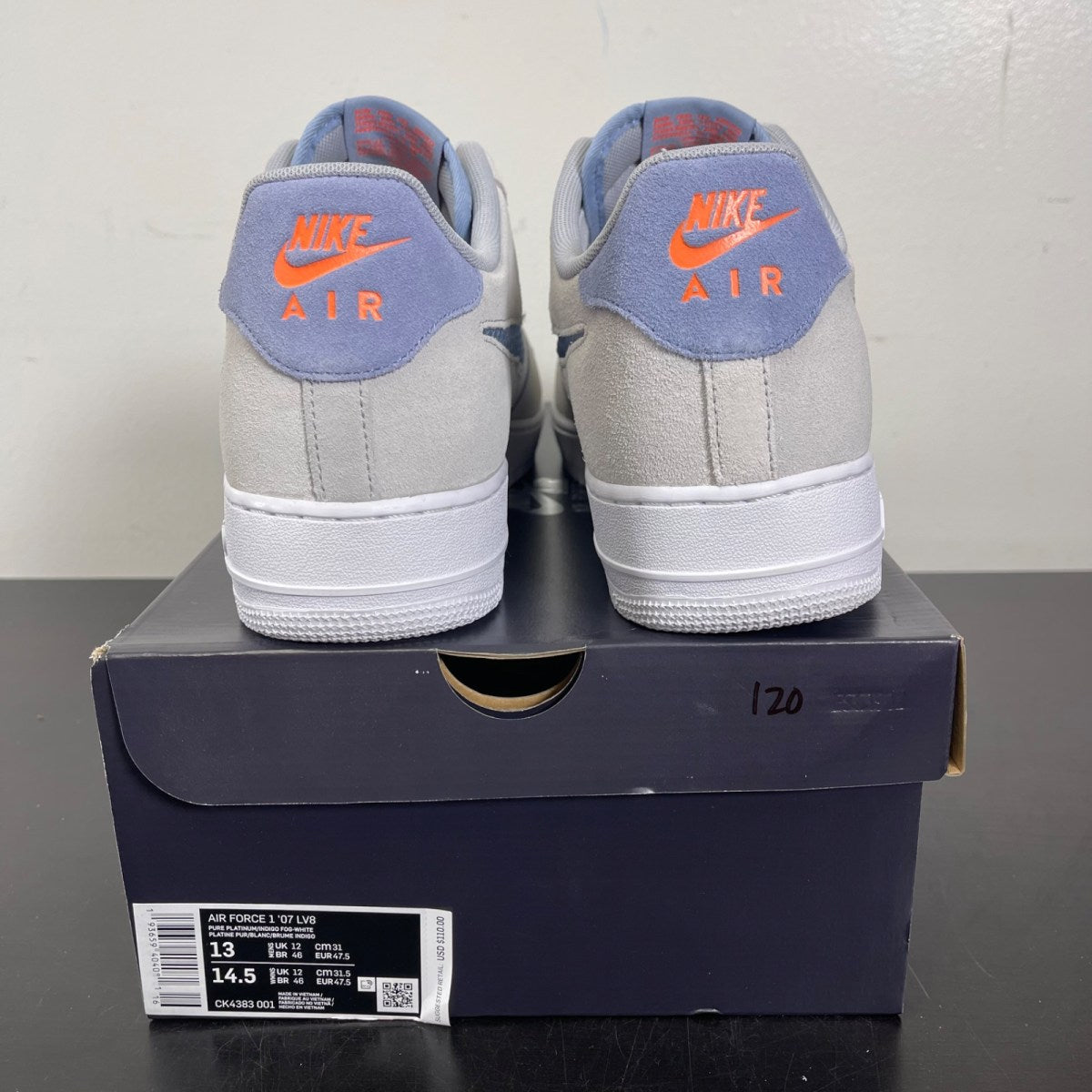 Nike Air Force 1 Low Pure Platinum Indigo Fog 13 (Moderately Worn Pre-Owned)NikePure Platinum/White-Hyper Crimson-Indigo Fog - Image 4