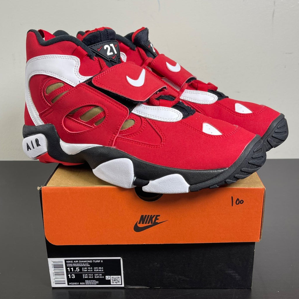 Nike Air Diamond Turf 2 Red Gold (2026) 11.5 (Moderately Worn Pre-Owned)NikePrime Red/Black/Metallic Gold/White - Image 1