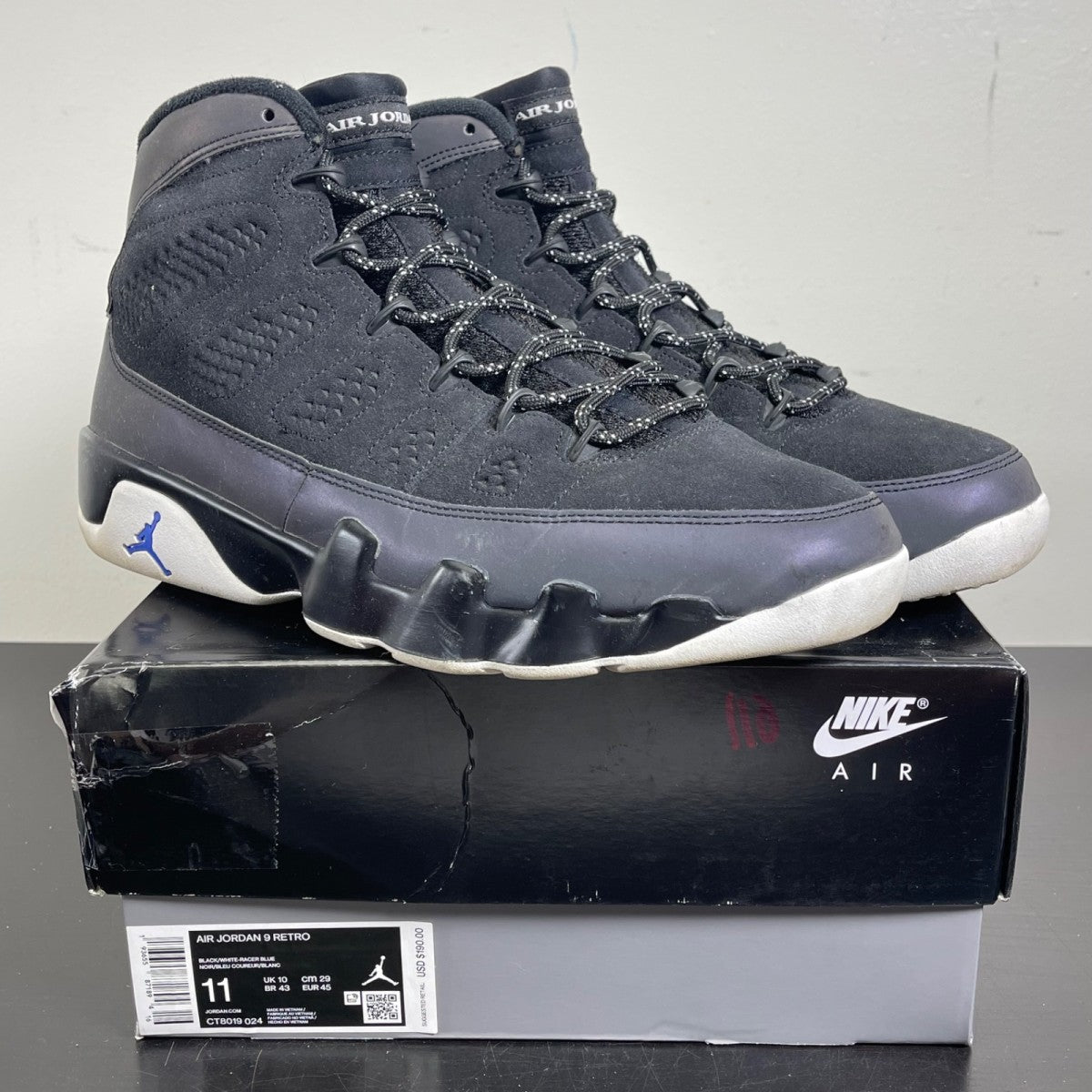 Jordan 9 Retro Racer Blue 11 (Moderately Worn Pre-Owned)JordanBlack/White-Racer Blue - Image 1