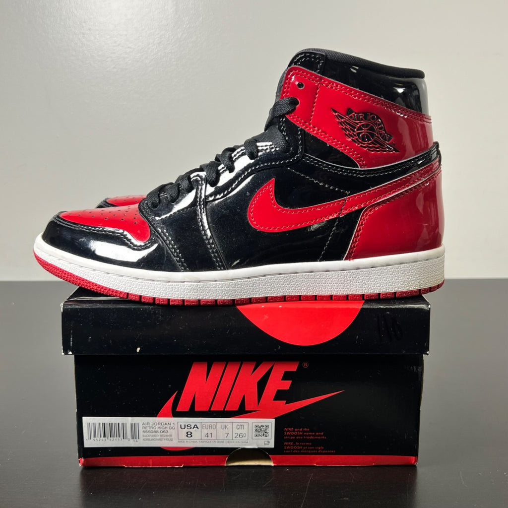 Jordan 1 Retro High OG Patent Bred 8 (Lightly Worn Pre-Owned)JordanBlack/White-Varsity Red - Image 3