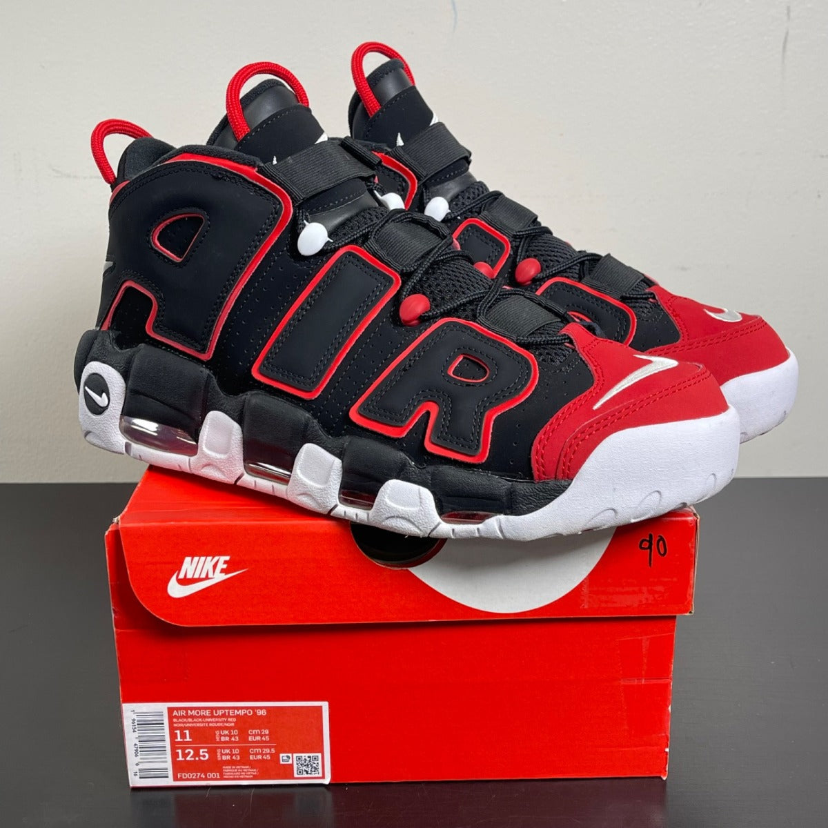 Nike Air More Uptempo 96 Red Toe 11 (Moderately Worn Pre-Owned)NikeBlack/Black-Red-White - Image 1