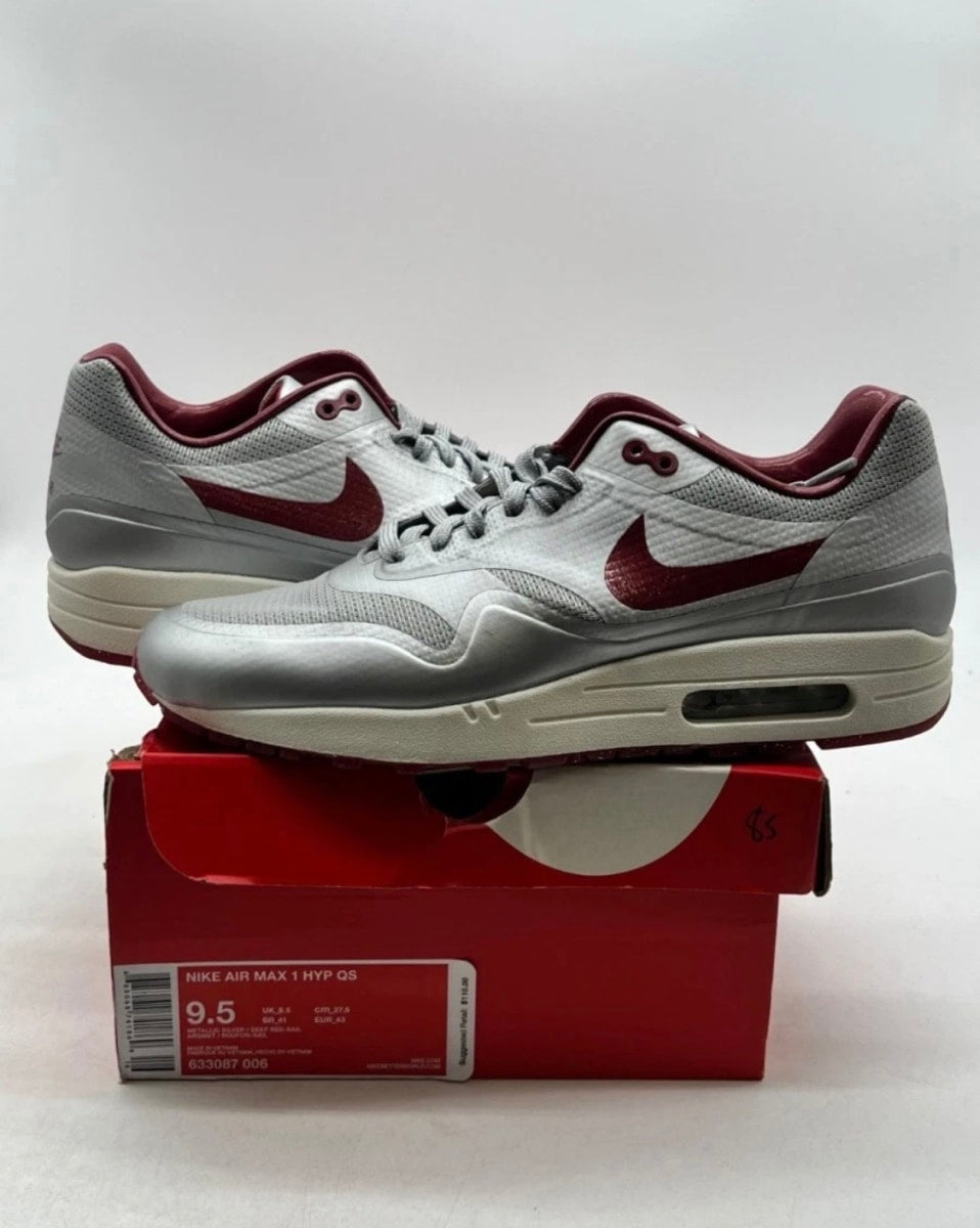 Nike Air Max 1 Hyperfuse Night Track 9.5 (Moderately Worn Pre-Owned)NikeMetallic Silver/Deep Red-Sail - Image 1