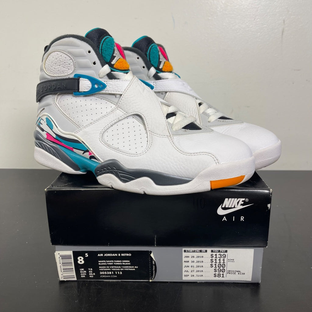 Jordan 8 Retro South Beach 8.5 (Moderately Worn Pre-Owned)JordanWhite/White-Turbo Green-Neutral Grey - Image 1