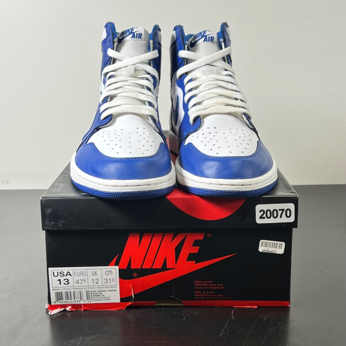 Jordan 1 Retro Storm Blue 13 (Lightly Worn Pre-Owned)JordanBlue/White-Storm Blue - Image 2