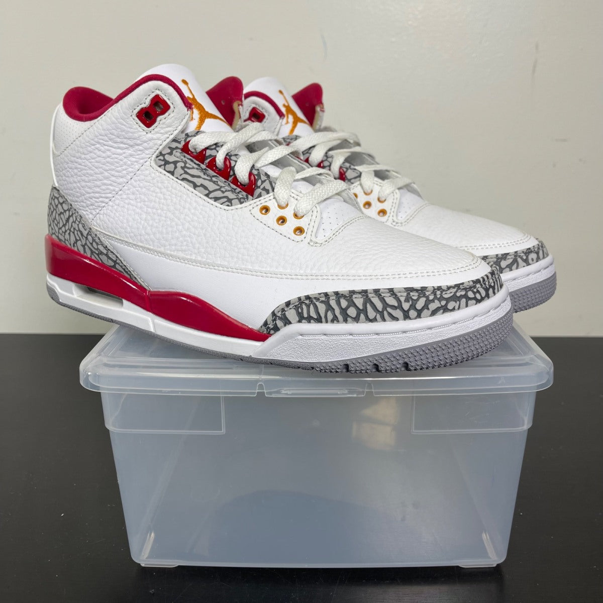 Jordan 3 Retro Cardinal Red 11 (New Pre-Owned)JordanWhite/Light Curry-Cardinal Red-Cement Grey - Image 1