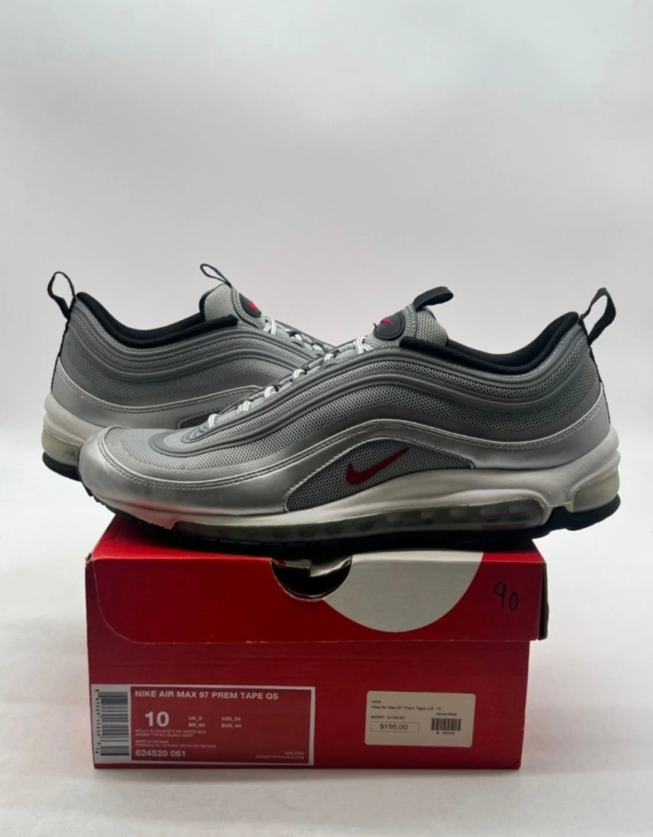 Nike Air Max 97 Tape Silver Bullet 10 (Moderately Worn Pre-Owned)NikeMetallic Silver/Varsity Red-White-Black - Image 1