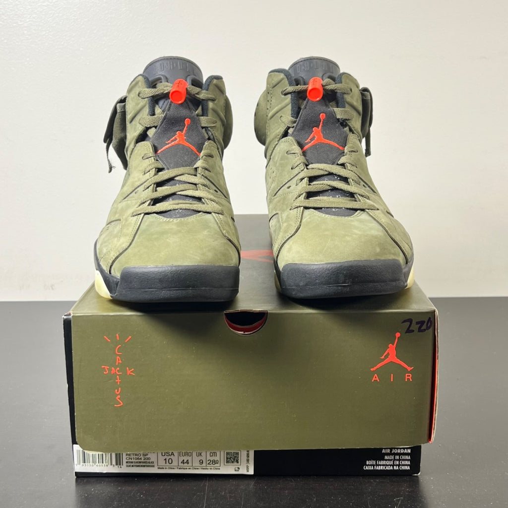Jordan 6 Retro Travis Scott 10 (Lightly Worn Pre-Owned)JordanMedium Olive/Black-Sail-University Red - Image 2
