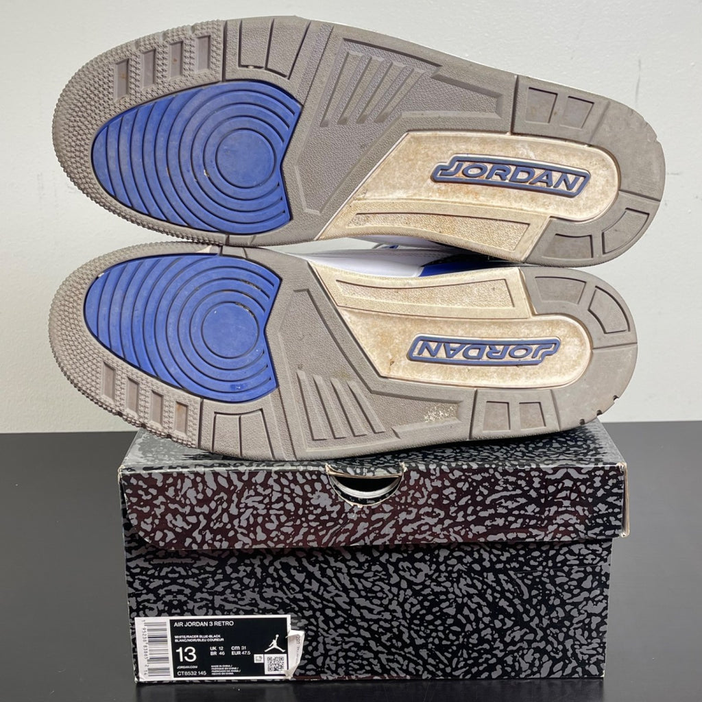Jordan 3 Retro Racer Blue 13 (Moderately Worn Pre-Owned)JordanWhite/Black-Cement Grey-Racer Blue - Image 5