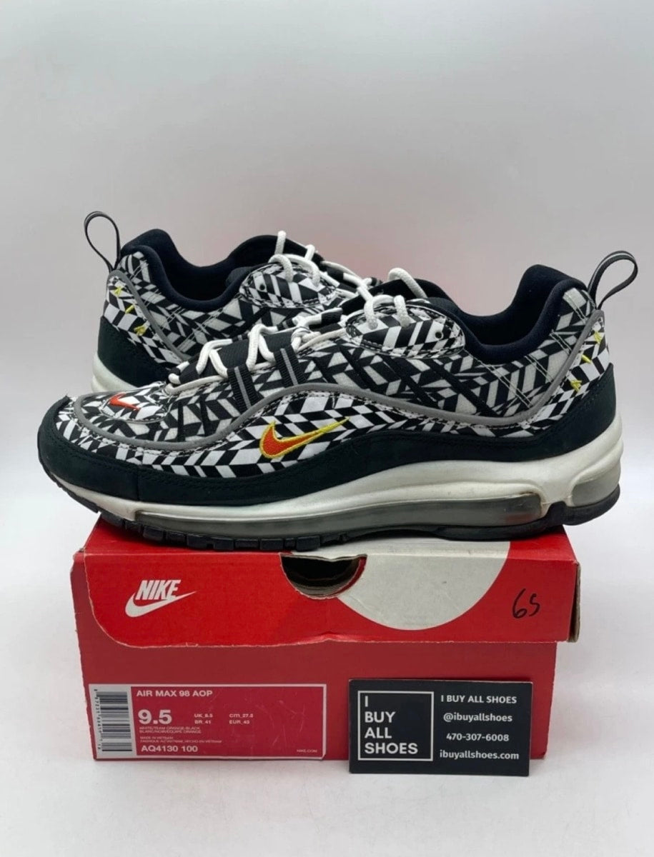 Nike Air Max 98 AOP Black 9.5 (Lightly Worn Pre-Owned)NikeWhite/Team Orange-Black - Image 1