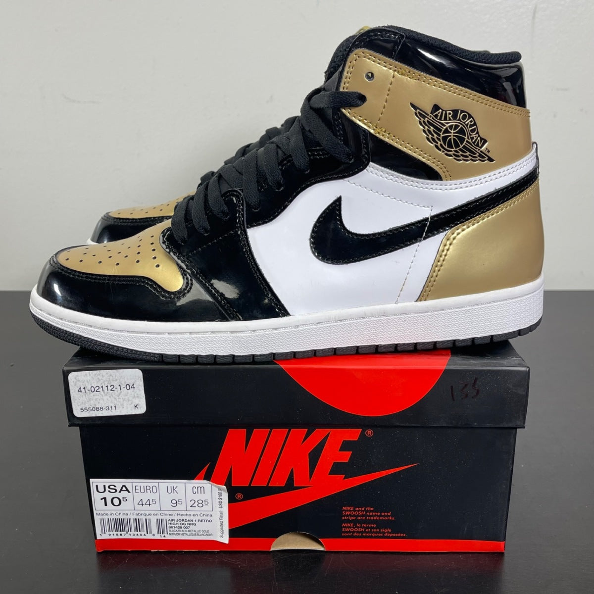 Jordan 1 Retro High NRG Patent Gold Toe 10.5 (Moderately Worn Pre-Owned)JordanBlack/Metallic Gold-Summit White - Image 3