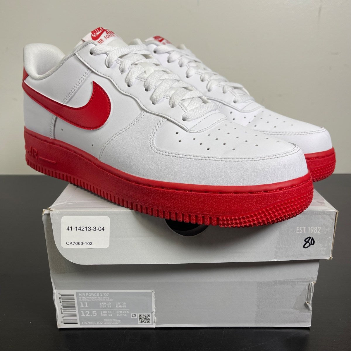 Nike Air Force 1 Low White Red Midsole 11 (Moderately Worn Pre-Owned)NikeWhite/University Red-White - Image 1