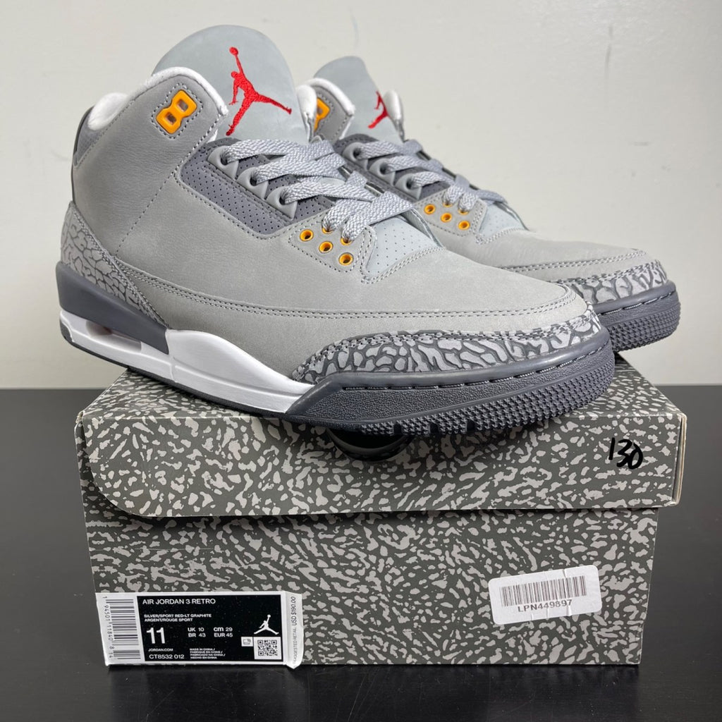Jordan 3 Retro Cool Grey (2021) 11 (Moderately Worn Pre-Owned)JordanSilver/Light Graphite-Orange Peel-Sport Red - Image 1