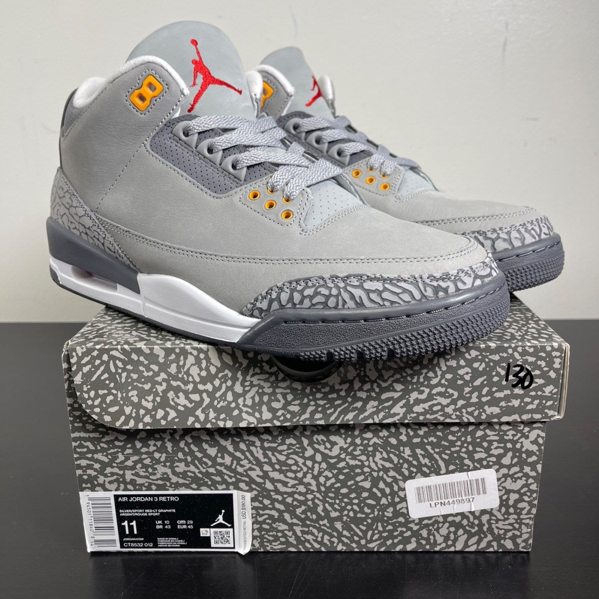 Jordan 3 Retro Cool Grey (2021) 11 (Moderately Worn Pre-Owned)JordanSilver/Light Graphite-Orange Peel-Sport Red - Image 1