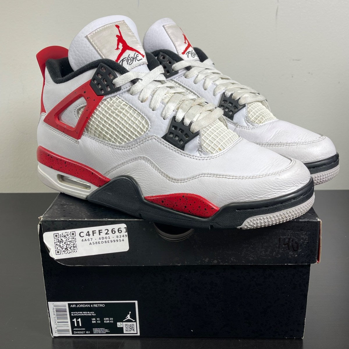 Jordan 4 Retro Red Cement 11 (Moderately Worn Pre-Owned)JordanWhite/Fire Red/Black/Neutral Grey - Image 1