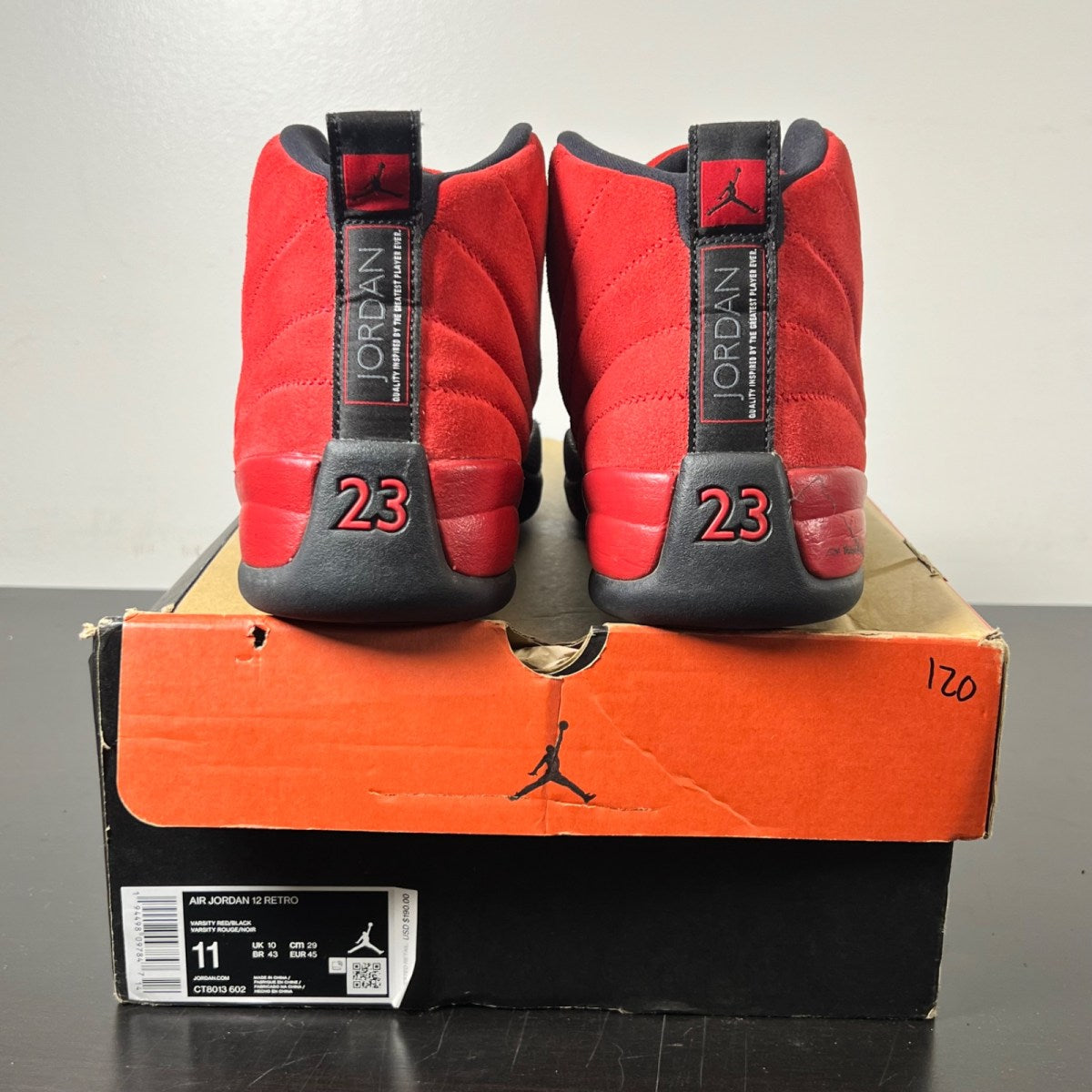 Jordan 12 Retro Reverse Flu Game 11 (Lightly Worn Pre-Owned)JordanVarsity Red/Black - Image 4