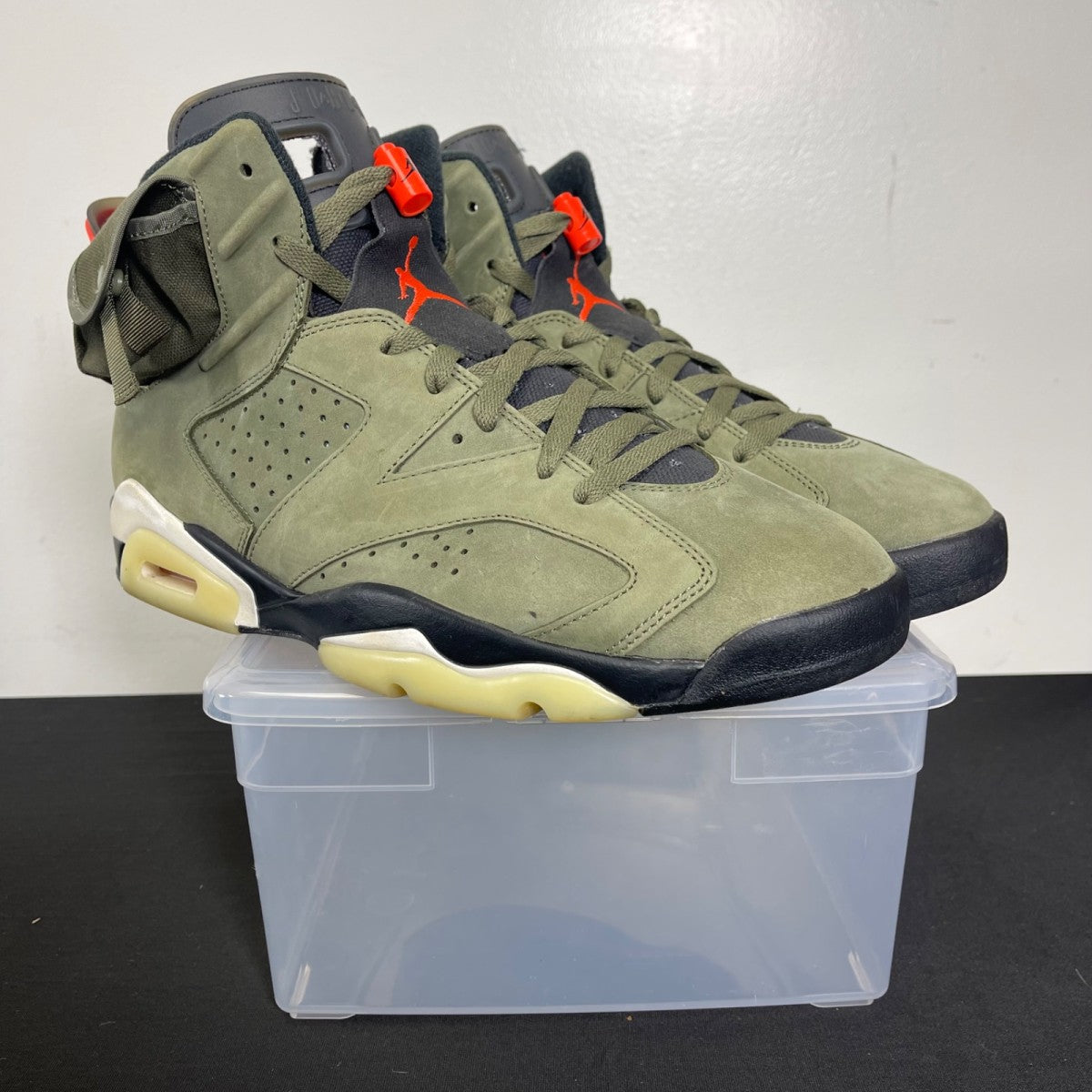 Jordan 6 Retro Travis Scott 13 (Moderately Worn Pre-Owned)JordanMedium Olive/Black-Sail-University Red - Image 1